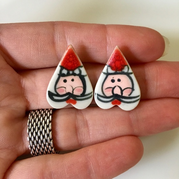 Vintage 90's Porcelain Santa Stud Earrings - Picture 3 of 6